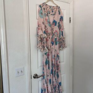 Free People Pink Maxi Dress with Teal and Blue Floral Print